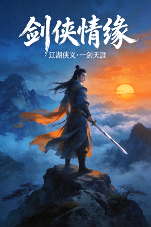 古装武侠剧《剑侠情缘》海报，主角手持长剑立于山巅