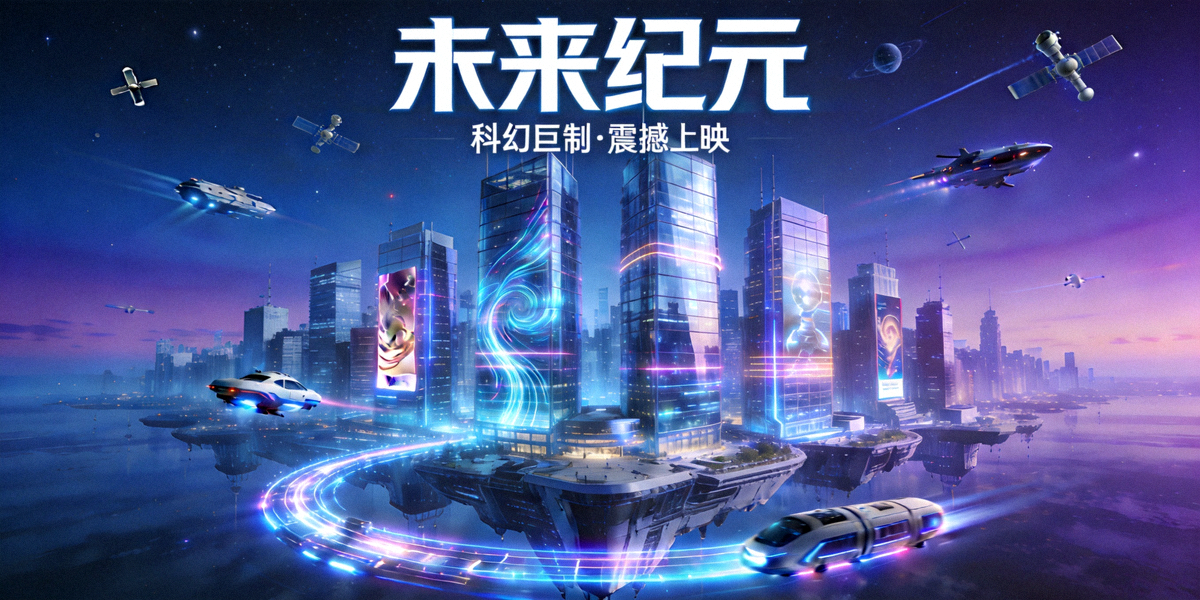 科幻电视剧《未来纪元》海报，展示未来城市与高科技场景