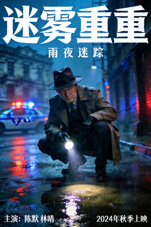 悬疑剧《迷雾重重》海报，侦探在雨夜调查场景